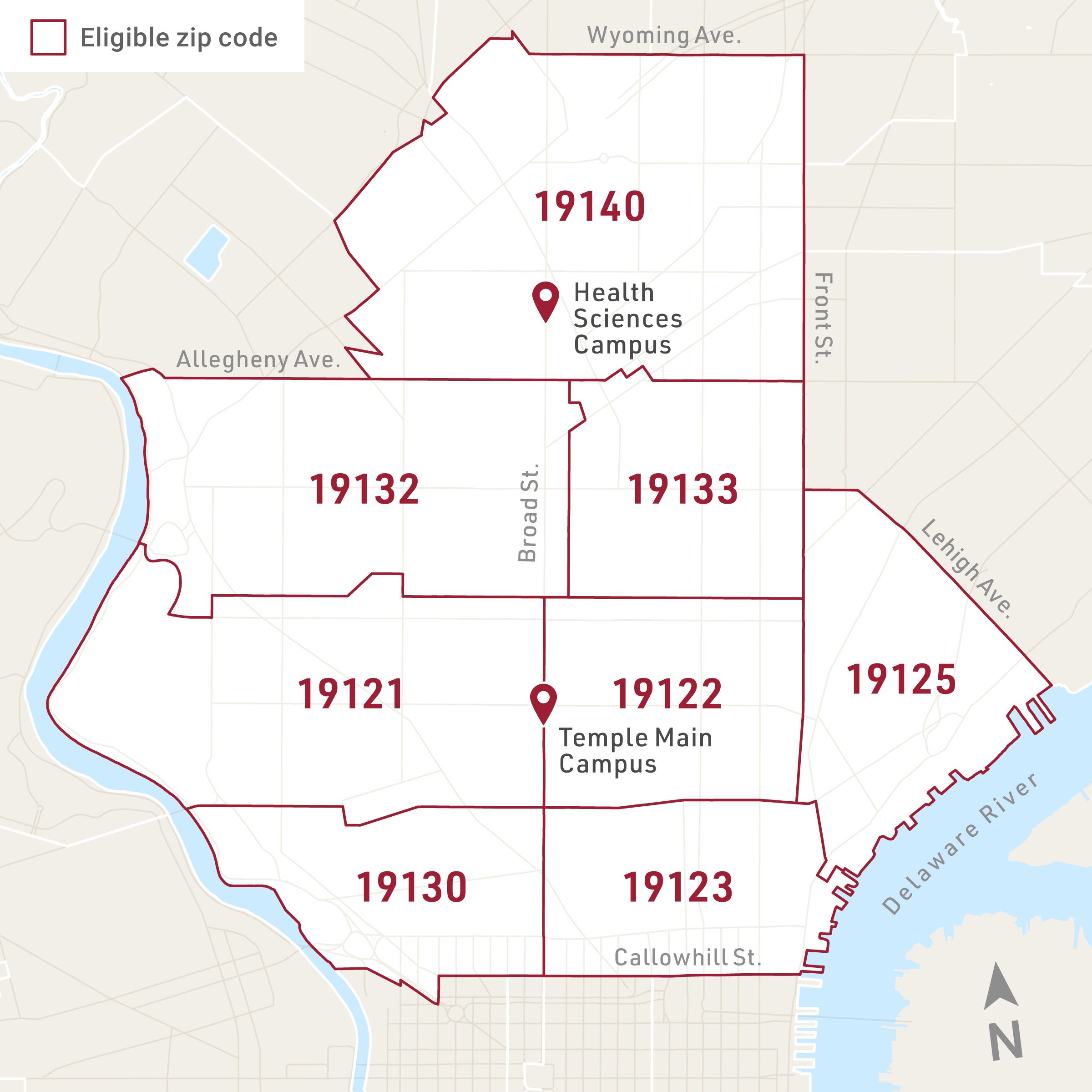 Map of Cecil B. Moore Scholars Program Eligible Zip Codes in Philadelphia: 19121, 19122, 19123, 19125, 19130, 19132,19133, 19140