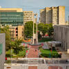 Aerial view of the Bell Tower and Charles Library on main campus