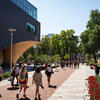 Students walking on Liacouras Walk beside the Charles Library